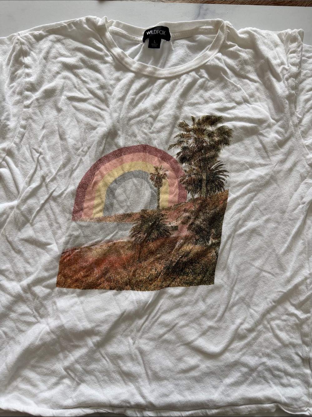 WILDFOX White Graphic Art Print with Pink, Yellow, Gray and Brown Rainbow Palm